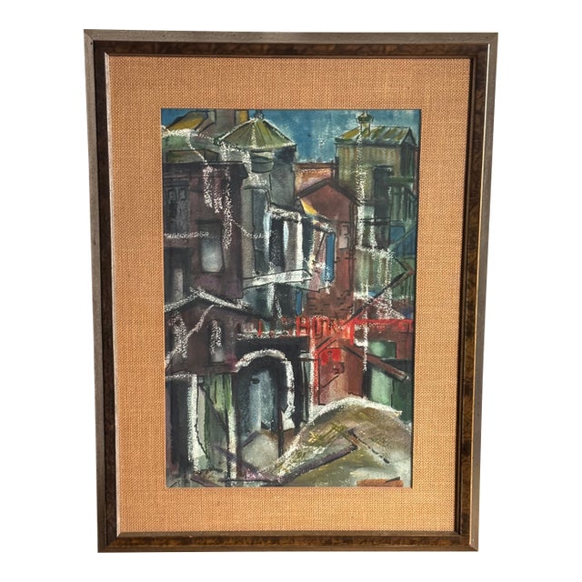 Mid-Century Modernist Cityscape Mixed Media - Framed & Signed For Sale