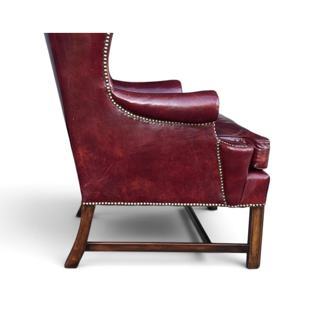 Vintage Burgundy Leather Wingback Chair With Brass Nailhead Trim by Baker For Sale - Image 9 of 18