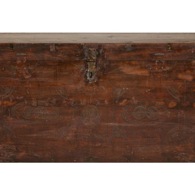 Brown Antique Indian Wedding Trunk with Carved Details, Mirror, and Hidden Storage For Sale - Image 8 of 12
