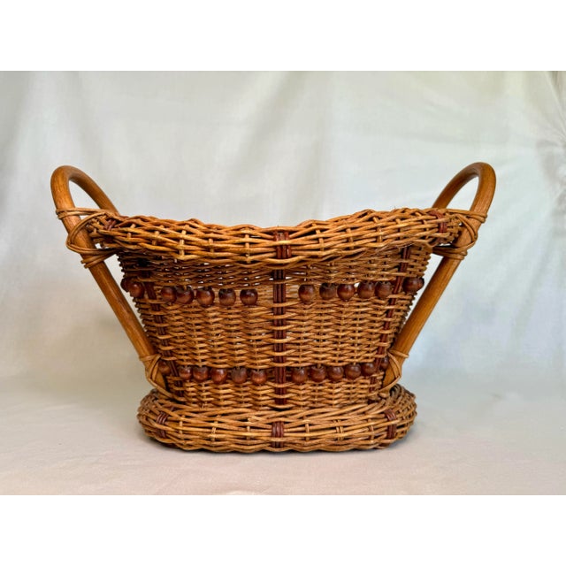 Arts & Crafts Wicker Bentwood Beaded Double Handle Basket For Sale - Image 9 of 12