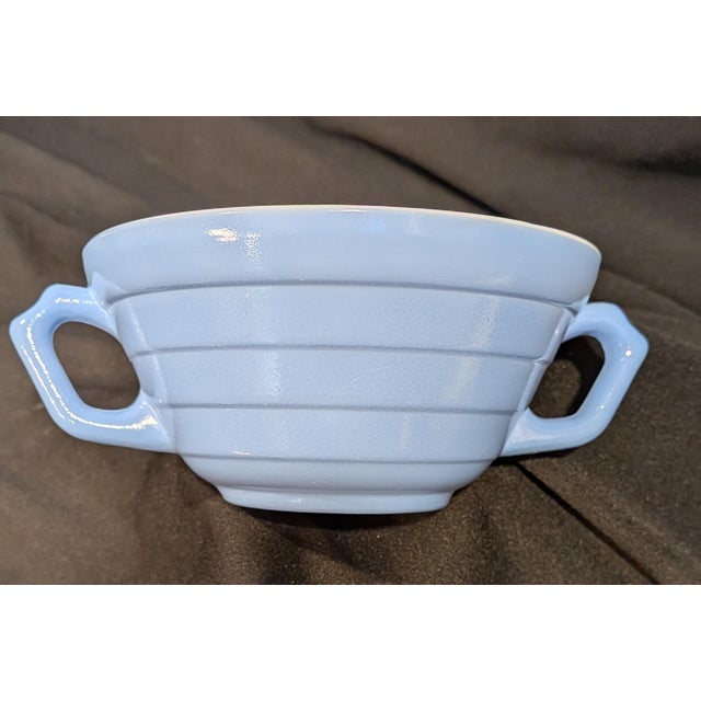 Glass Vintage 1940s Hazel-Atlas "Moderntone" Platonite Pastel Handled Cream Soup Bowls - Yellow & Blue Set of 4 For Sale - Image 7 of 8
