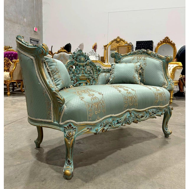 French Style Sky Blue Small Settee For Sale - Image 10 of 12