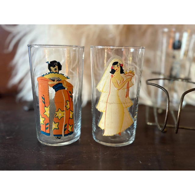 Mid-Century Modern 1940s Peek-a-Boo Pinup Tumblers With Brass Caddy, Set of 8 by Federal Glass For Sale - Image 3 of 6