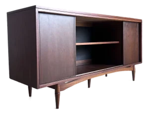 Refinished Vintage Open Cabinet Walnut Credenza