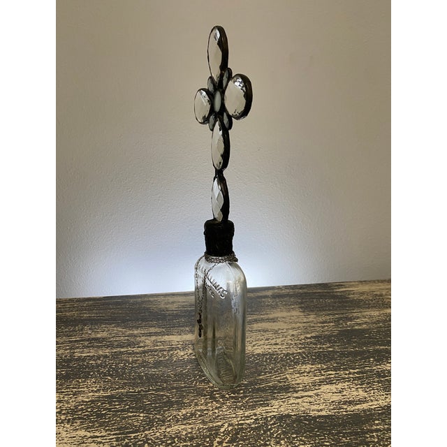 Handmade Crystal Cross Assemblage Sculpture on Embossed Clear Glass Flask For Sale - Image 4 of 7