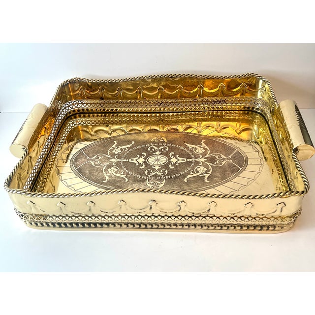 Art Deco Brass Tray Pierced Decorative Gallery and Large Cylindrical Handl For Sale - Image 3 of 11