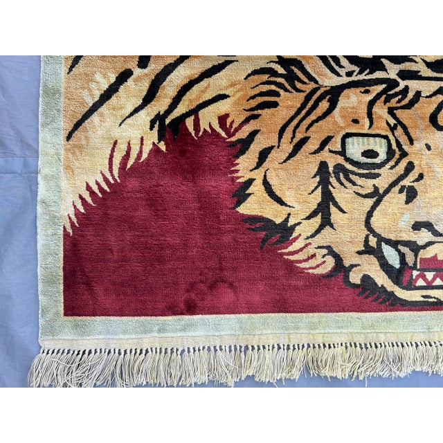Golden Yellow Silk Tiger Design Pictorial Rug – Handmade Tribal Caucasian Rug For Sale - Image 11 of 11