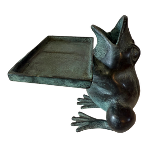 1980s Cast Bronze Frog Business Card Holder With Pen Holder or Vase