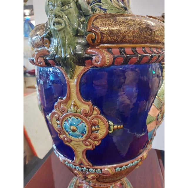 Antique Late 19th Century Italian Tall Majolica Vase With Serpentine Handles For Sale - Image 4 of 10
