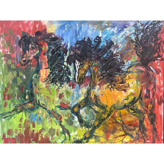 A vibrant, large-format Expressionist oil painting on canvas by R. Berg, depicting three wild horses in motion. The...