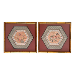 Vintage Chinese Peach Silk Panels With Embroidered Flowers & Butterfllies, in Gold Faux Bamboo Frames, a Pair