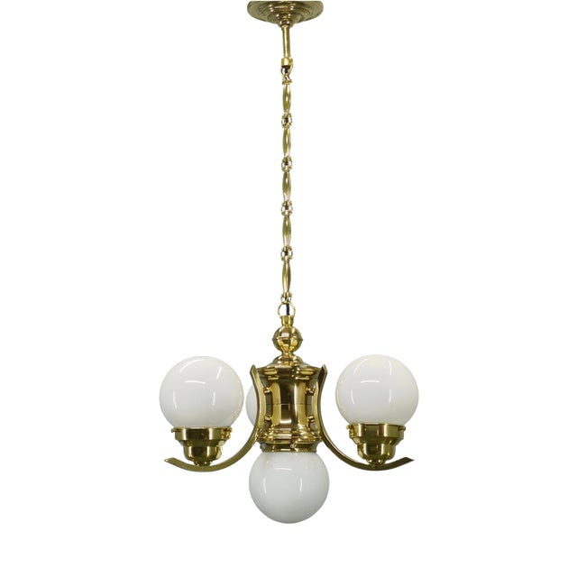 Art Deco Czech Brass Chandelier with Milk Glass Globes, 1930s For Sale