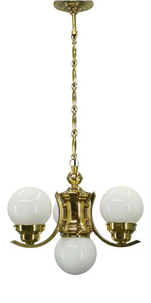 Art Deco Czech Brass Chandelier with Milk Glass Globes, 1930s