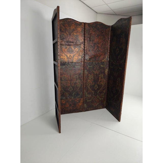 Animal Skin Belgian Embossed Leather Folding Screen For Sale - Image 7 of 17