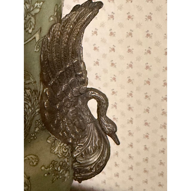 Ceramic Vintage Hua Rong Tang Zhi Bronze Mounted Sage Green Crackle Porcelain Urn Vase For Sale - Image 7 of 12