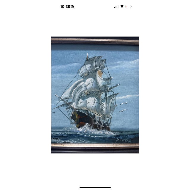 Late 20th Century Vintage Maritime Oil Painting of Clipper Ship at Full Sail — Signed K. Maskell (K. Max) Nautical For Sale - Image 5 of 9