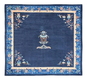 Keivan Woven Arts,16-1102, Square Chinese Rug in Sapphire Tones With Floral Motifs- 11′ × 13′3″