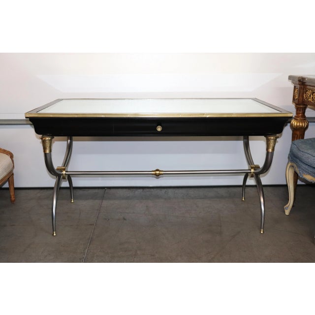 This rare brass and steel ebonized writing desk in the style of John Vesey showcases a striking blend of modern...