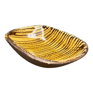 Vintage Mid-Century Studio Art Pottery Mustard Yellow and Brown Striped Ceramic Dish Catchall For Sale