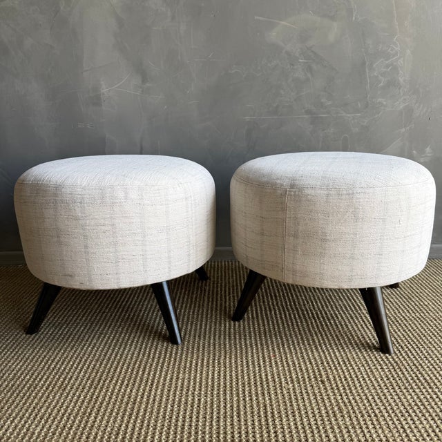 Pair of Textured Off-White Ottomans Made From Vintage Turkish Rugs With Wood Legs For Sale - Image 4 of 7