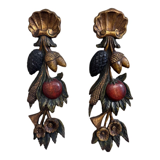 Pair of Mid 20th Century French Carved Gilt and Polychromed Wall Sculptures For Sale