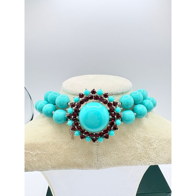 Trifari 1950s Crown Trifari Turquoise Cabochon Necklace and Convertible Brooch Pendant Set For Sale - Image 4 of 10