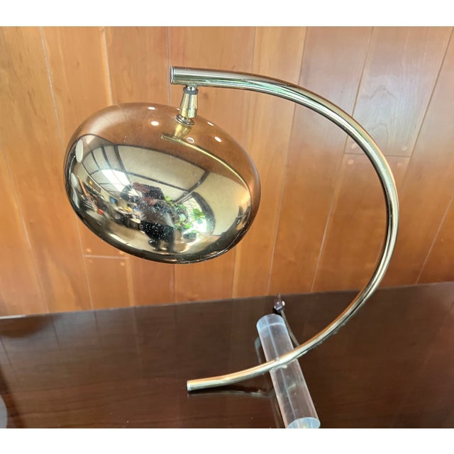 Mid-Century Modern 1970s Mid Century Brass and Lucite Arc Table Lamp For Sale - Image 3 of 14