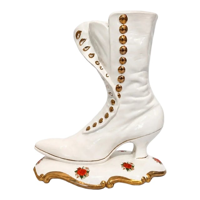 Large Vintage Porcelain Victorian-Style Boot | White & Gold Floral High-Heel Shoe Sculpture For Sale