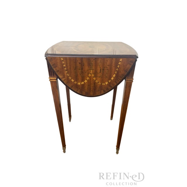 English Vintage Maitland-Smith Drop Leaf Side Table With Painted Faux Marquetry, Brass Casters For Sale - Image 3 of 15