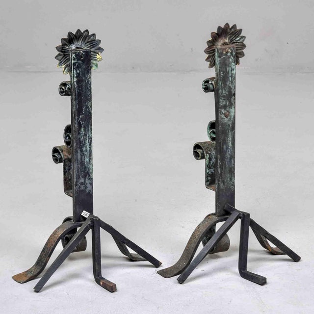 Metal Pair Early 20th Century Sunflower Andirons & Poker For Sale - Image 7 of 11