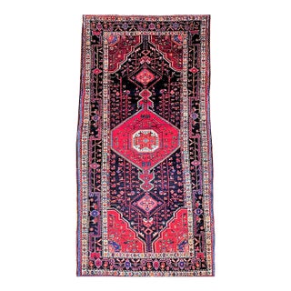 Vintage Persian Hamadan Gallery Rug, Hand-Knotted Wool, Geometric Medallion Pattern, Navy & Red, 6x12 For Sale