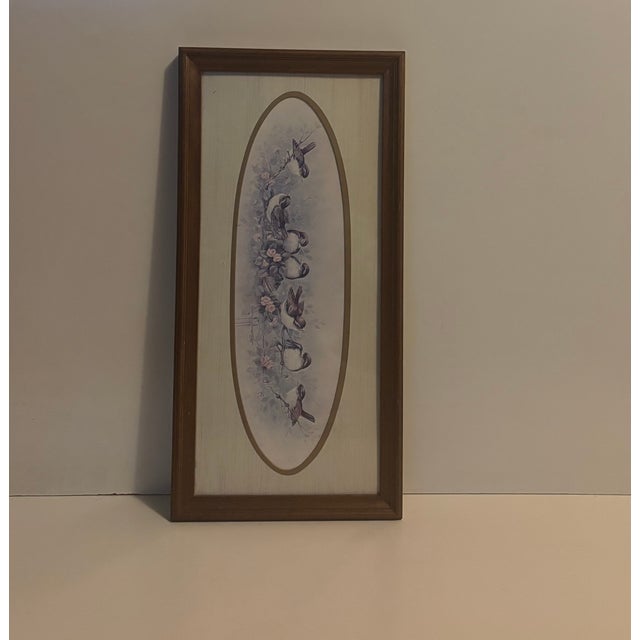 Late mid-20th century framed print by Margie Morrow features birds perched on flowering branches.