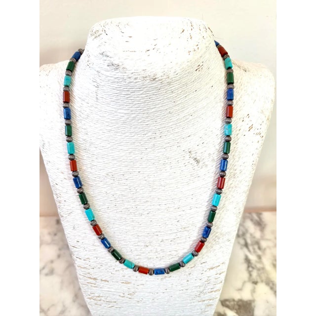 Vintage Sterling Silver, Turquoise, Lapis, Malachite, and Carnelian Beaded Necklace. A colorful beaded necklace to add a...