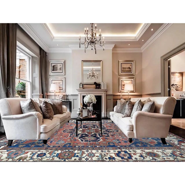 1890 Red Antique Persian Serapi Heriz Wool Hand Knotted Even Wear Rug 11'3"x15'3" For Sale - Image 4 of 11