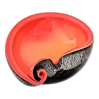 1950s Vintage Italian Murano Glass Orange Sunset Bowl With Black & Silver Leaf - Alfredo Barbini For Sale