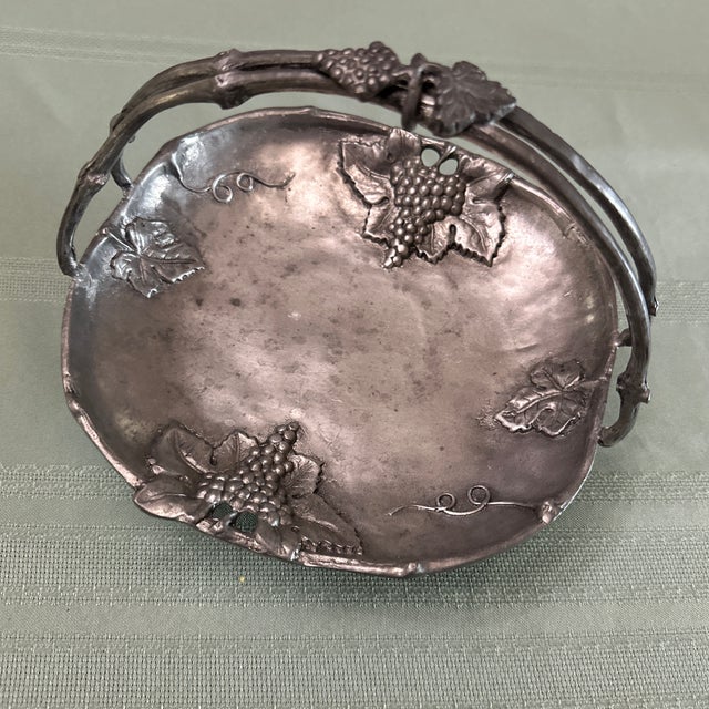 Silver 19th C. Nouveau Jugendstil Ornate Pewter Handled Basket Visiting Card Tray For Sale - Image 8 of 12