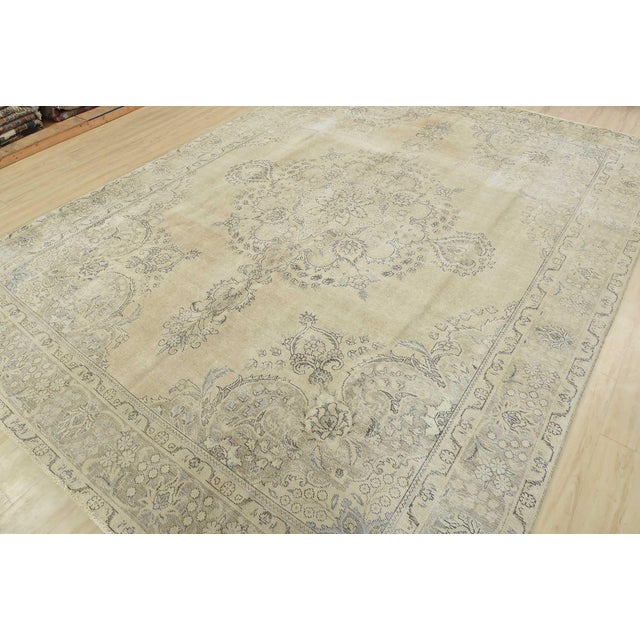 Farmhouse Tabriz Rug 9’8” X 12’9” Beige Wool Vintage Distressed Hand-Knotted Carpet For Sale - Image 3 of 15