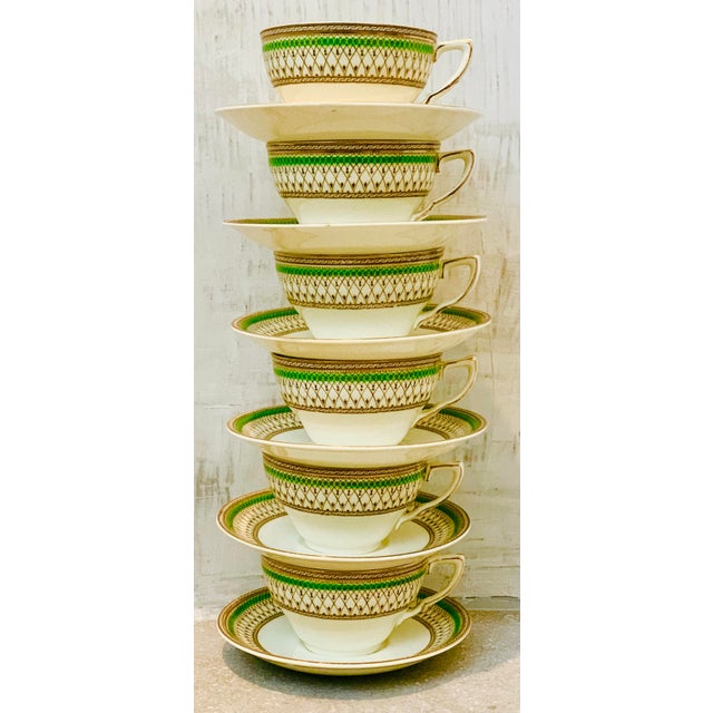 Antique English Bone China J & G Meakin Tea, Coffee Cup & Saucer, Westminster Pattern Featuring an Intricate Green & Gold Band on White- Set of 6 For Sale - Image 12 of 12
