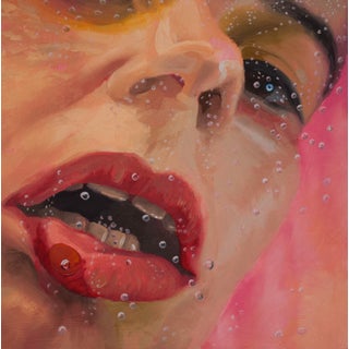 Pop, Bang, Squish by Shaina Craft | Oil on wood close-up of a woman's face with bubbles For Sale