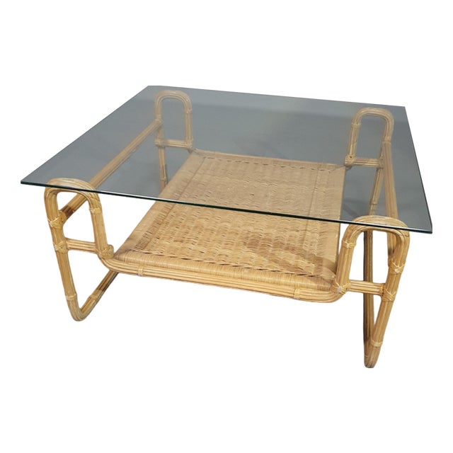 Mid-Century Iron, Pencil Reed and Glass Coffee Table For Sale
