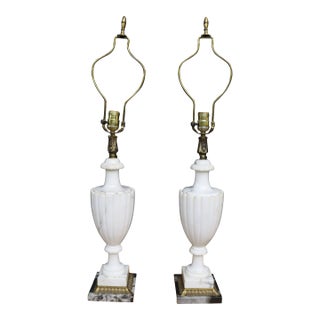 Pair of Italian Carved Marble Table Lamps With Brass Accents For Sale
