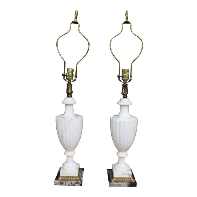 Pair of Italian Carved Marble Table Lamps With Brass Accents For Sale