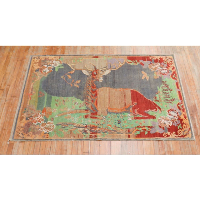 Red Early 20th Century Jolly Deer Pictorial Karabagh Conversation Rug For Sale - Image 8 of 18