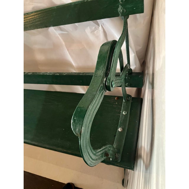 Vintage Hudson Valley Cast Iron Base Wood Railroad Bench Flip Back For Sale - Image 9 of 11