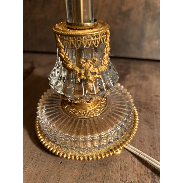 Neoclassical Vintage Mid-Century American Neoclassical Glass & Stamped Brass Table Lamp – With Custom Pleated Hard Plastic Shade For Sale - Image 3 of 12