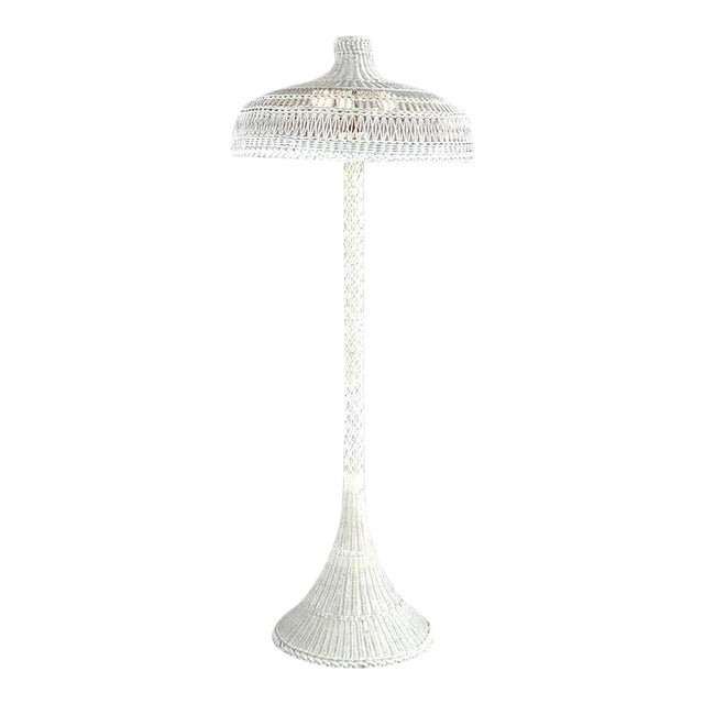 Antique Victorian White Painted Wicker Floor Lamp With Shade For Sale