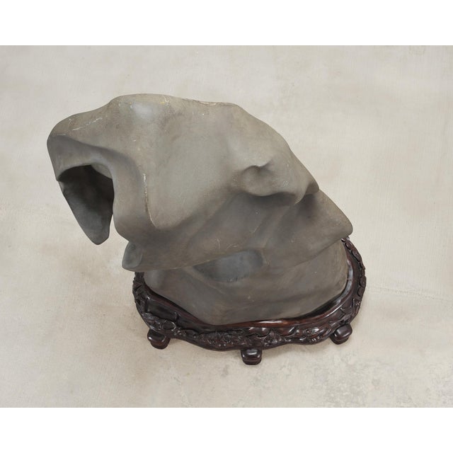 Dark Gray Monumental Chinese Scholar's Water Stone on Carved Base 5 Ft For Sale - Image 8 of 18