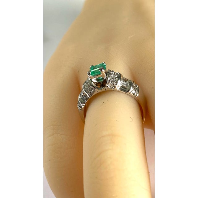 Vintage Emerald Shaped Emerald Baguette Round Diamond 14k White Gold Ring Size 6 For Sale - Image 4 of 9
