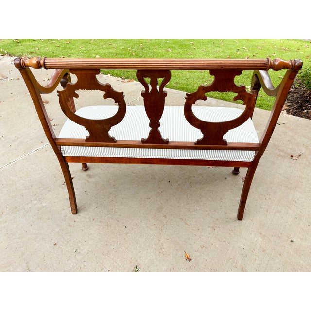 Antique Hand-Carved Mahogany Chair-Backed Settee in Jake Stripe by Perennials in Linen Colorway For Sale In Little Rock - Image 6 of 12