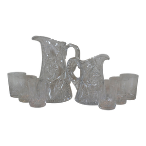 Early 20th Century American Brilliant Cut Glass Pitcher, Carafe & 6 Highball Glasses Abp- 8 Pieces